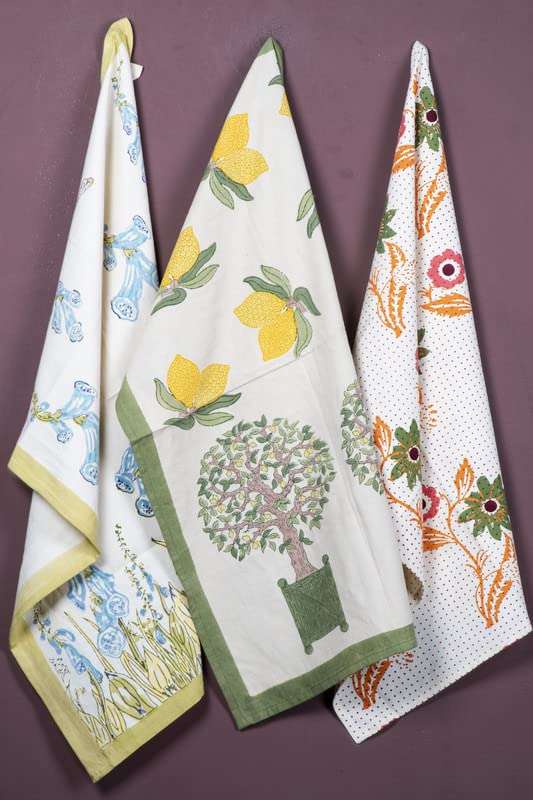 CONTRAST LIVING Yogaraj Hand Block Printed Kitchen Towel/Dish Towel/Hand Towel Multi Color Set of 3 Pcs 1