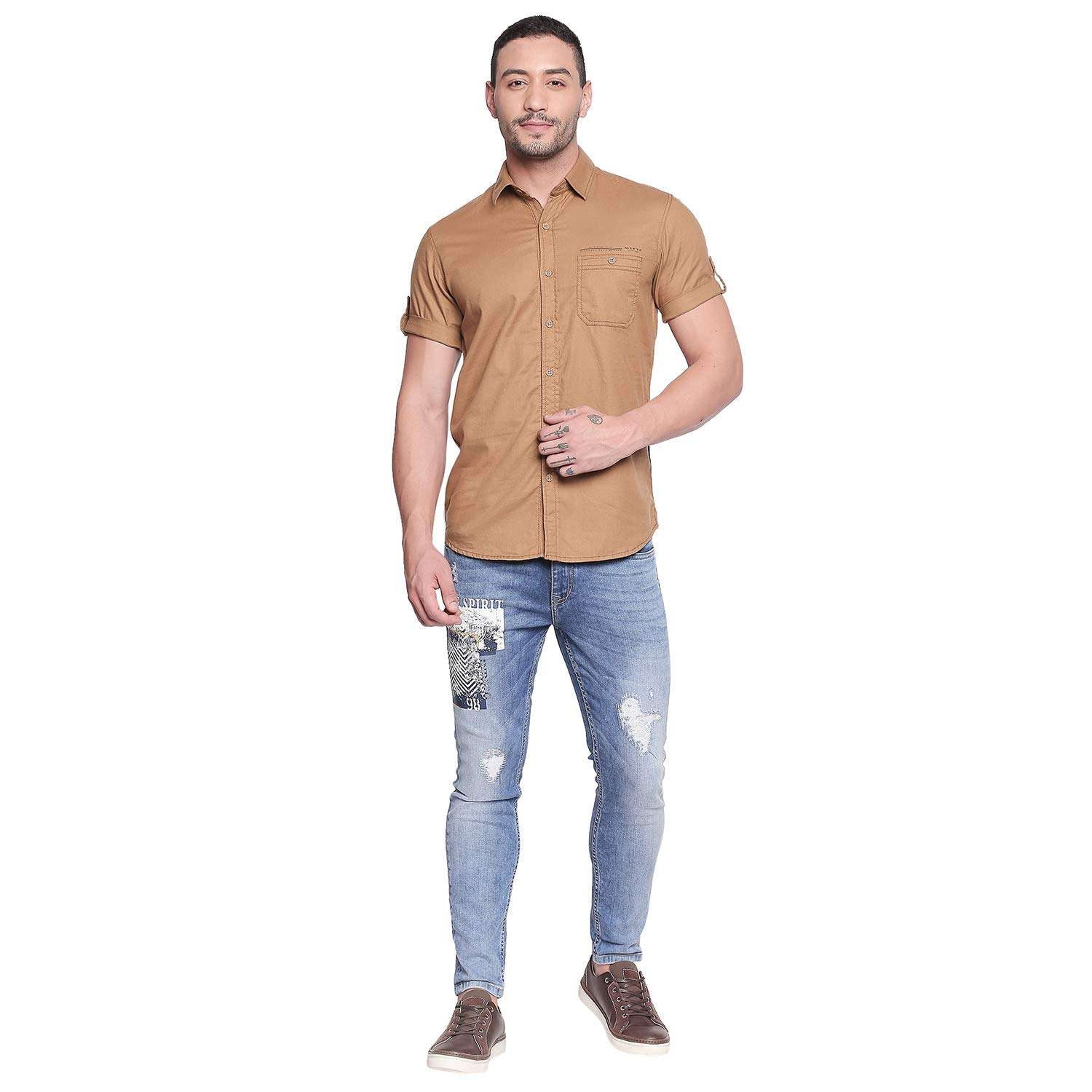 Mufti Men's Solid Slim Fit Shirt (MFS-10853-J-06- Khaki XL) 6
