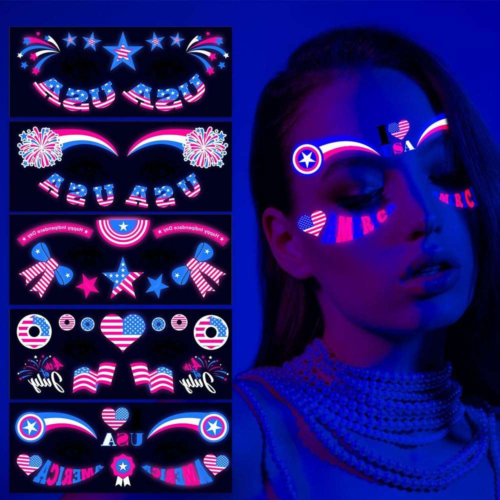 4th of July Tattoos Glow in The Dark Temporary Tattoos for Face Eyes Decoration American Flag Stickers Red White Blue Tattoo Decals for Adults and Teens 4