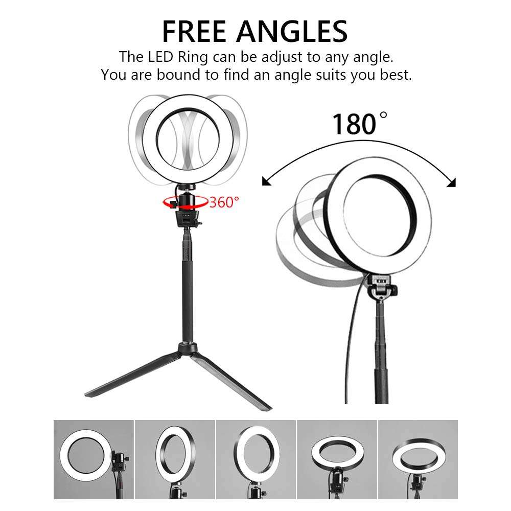 Fonrest LED Ring Light with Stretchable Tripod Stand Selfie Stick, 6-inch Dimmable Floor/Table Annular Lamp for Selfie, Makeup, Live Stream, YouTube, Vlog, Camera/Phone Video Shooting USB Plug 6