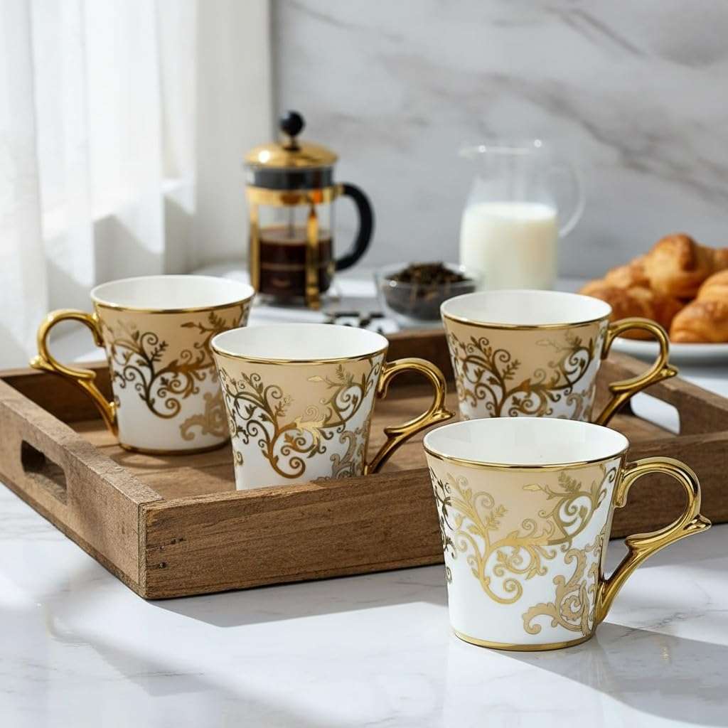Femora Premium Floral Gold Line Ceramic Coffee & Tea Cup | Finest Premium for Tea/Coffee/Hot Drinks | Set of 4 | Capacity- 160 ML |(Not Microwave Safe)