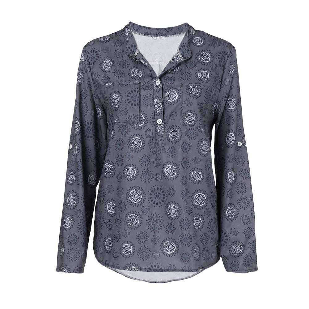 Blouse for Women Long Sleeve Kimloog Women Plus Size Print Long Sleeve Polka Dot Button Blouse Pullover Tops Shirt Gray 1