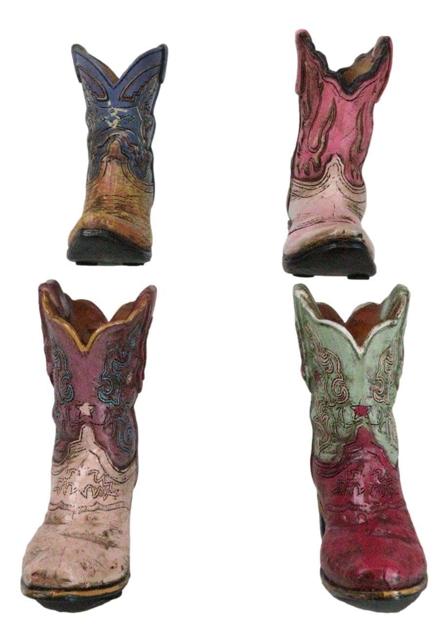 Ebros Gift Pack of 4 Rustic Western Fancy Cowboy Cowgirl Boots in Faux Tooled Patterns Leather Finish Stationery Pen Pencil Make Up Tools Organizer Holder Figurines 6