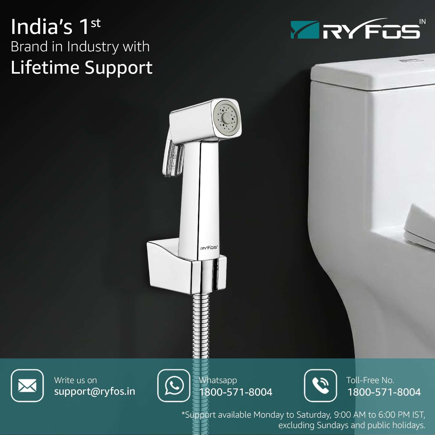 Ryfos India’s 1st Brand with Lifetime Support, R1030HF, ABS Health Faucet, Jet Spray for Toilet with 1-1.2 Mtr SS-304 Flexible Hose Pipe & Wall Hook, Chrome Finish 4