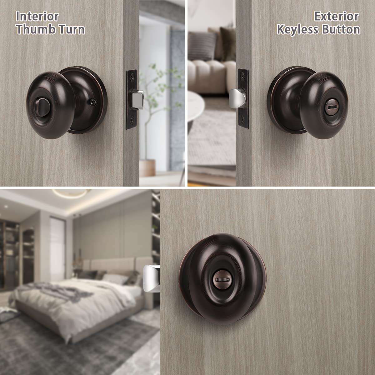 KNOBWELL 3 Pack Privacy Door Knob Locking Door Knobs, Bedroom Door Knobs with Lock, Oval Style, Privacy Door Knob for Bed or Bath Function Interior Door Use, Oil Rubbed Bronze 2