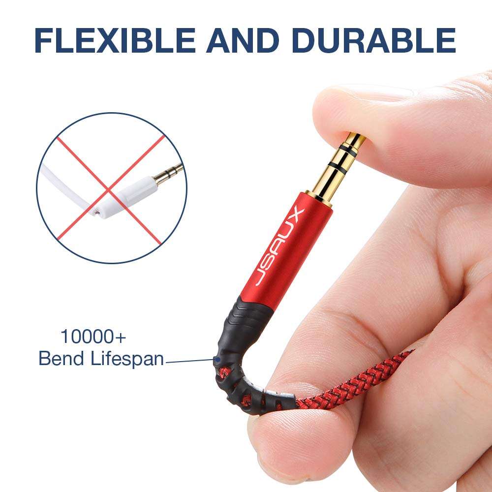 JSAUX 2 Pack AUX Cable, [4ft/1.2m- Copper Shell, Hi-Fi Sound] 3.5mm TRS Auxiliary Audio Cable Nylon Braided Aux Cord Compatible with Car/Home Stereos,Speaker,Headphones,Sony,Echo Dot,Beats - Red 2