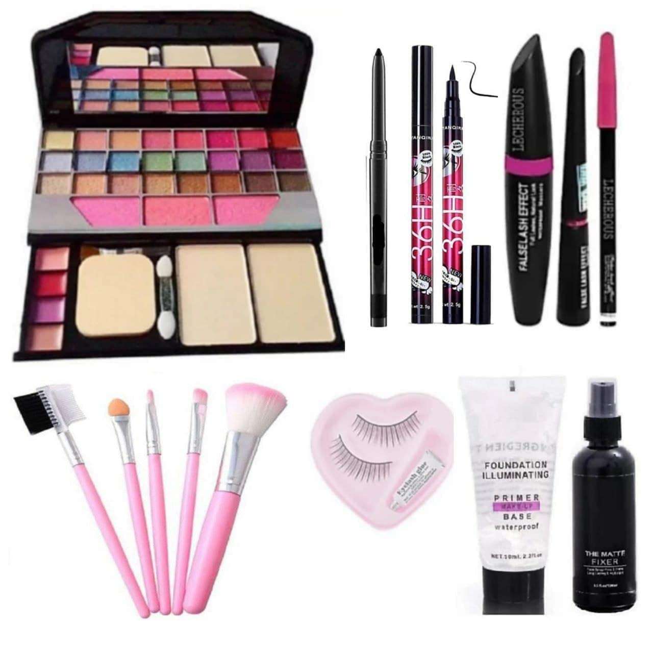 Women's & Girl's TYA 6155 Multicolour Makeup Kit with 5 Pink Makeup Brushes Set, Matte Fixer, Primer, Eyelashes, 36H Eyeliner, Kajal and 3in1 Eyeliner Combo - (Pack of 14)
