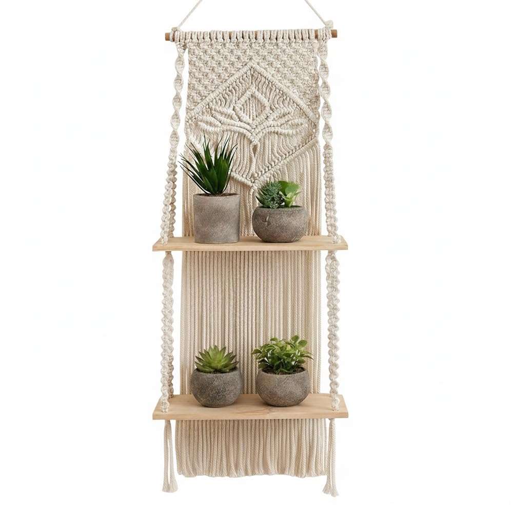 Decazone Macrame Indoor Wall Hanging Shelf Chic Decor Wood Floating Boho Shelves with Wooden Dowel Hand Woven Bohemian Decor for Apartment Dorm Bedroom Living Room Nursery Beige (2 Tier) 3