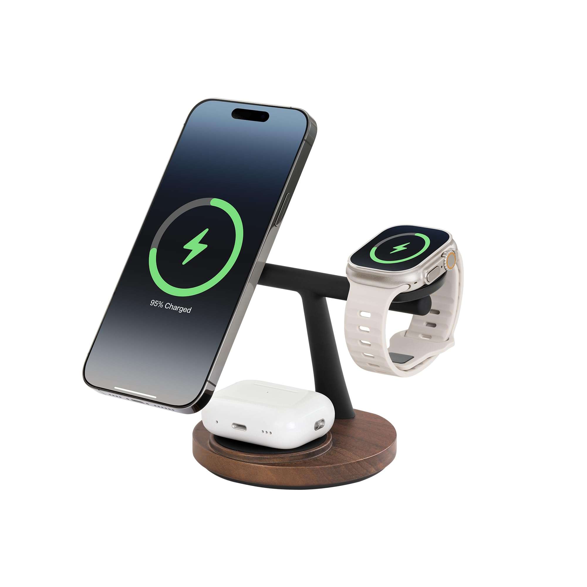 ZenStand Wireless Charging Station, 3 in 1 Charger, Genuine Wood Design, Compatible with MagSafe, Compatible with Apple Watch, Desk Accessory, 15W, Charger Station, Power Adapter/Cable Not Included 3