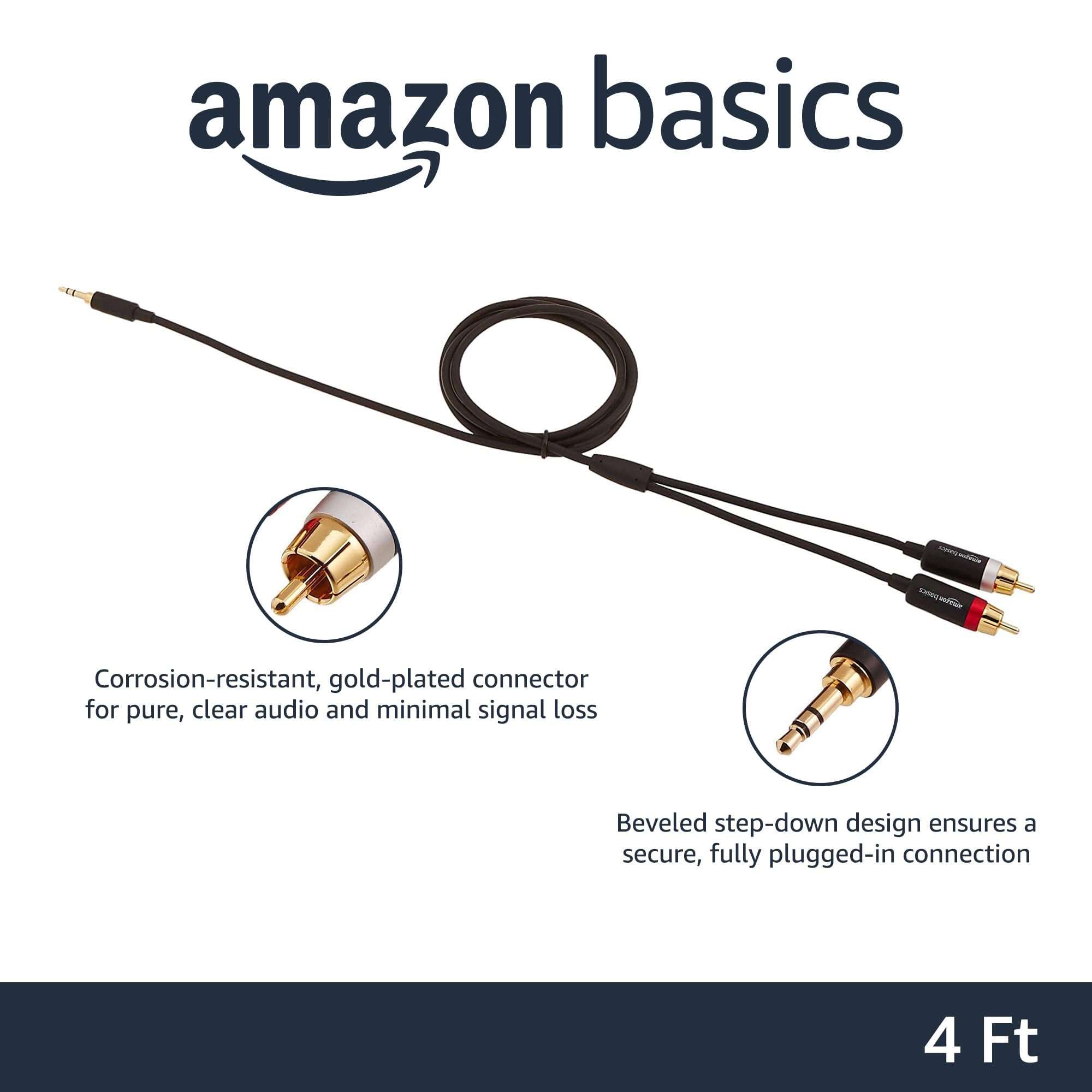 Amazon Basics 3.5mm Stereo Aux to 2 x RCA Audio Cable Adapters, 4 Feet/1.2 m, for Connecting Amplifiers, Speakers, with Gold-Plated Plugs, Black 2