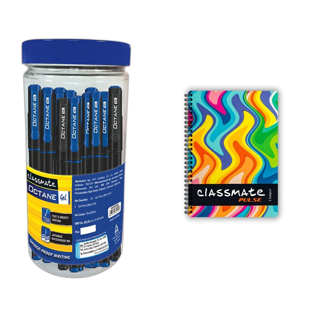 Classmate Octane Gel Pen (Blue & Black)- Pack Of 25 + 10 Gel Refills Free & Classmate Pulse Single Line 5-Subject Notebook - 297Mm X 210Mm, 60 Gsm, 250 Pages(Color And Design M