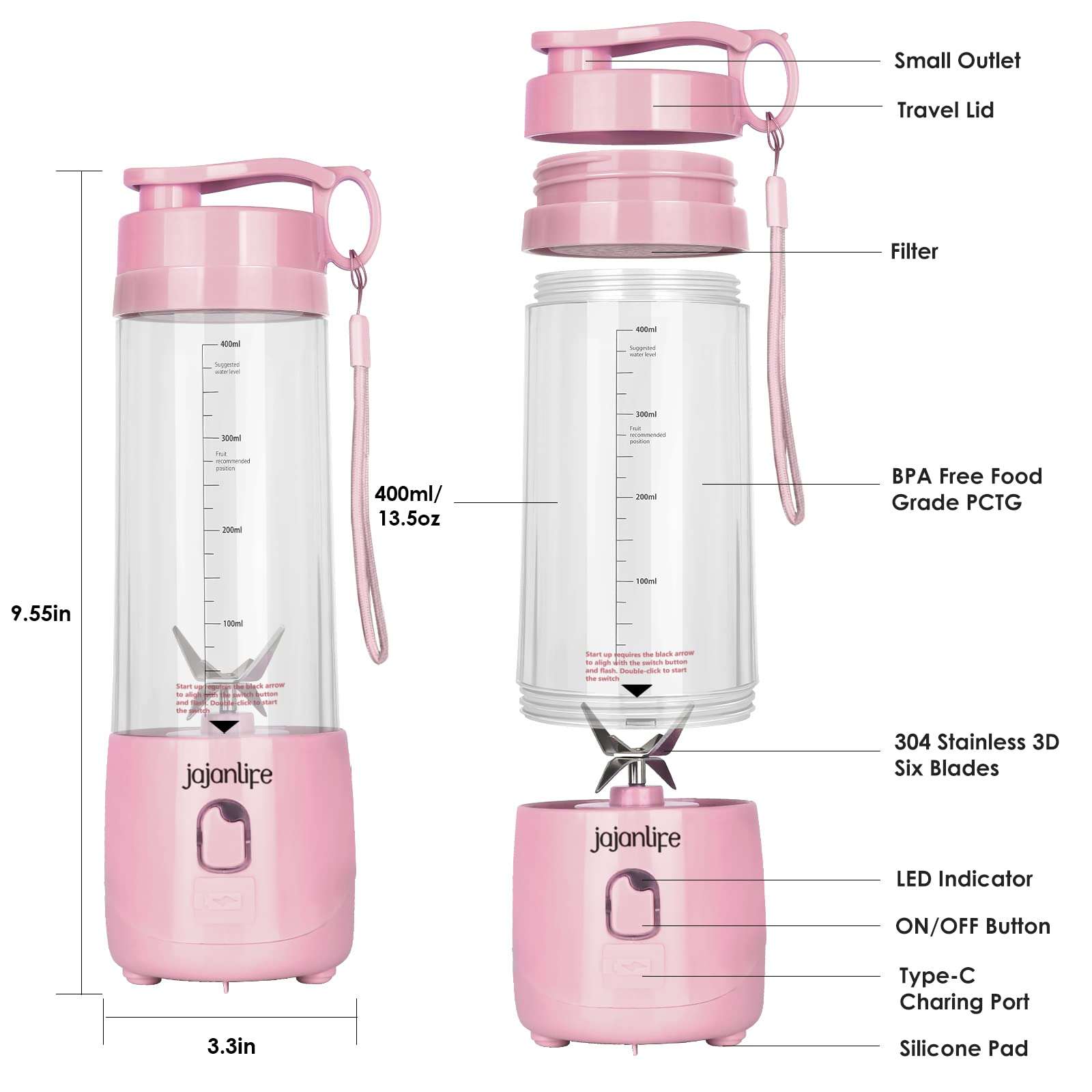 Personal Blender Portable Blender for Shakes and Smoothies USB Rechargeable 13.5 oz Mini Blenders 150W 3D Six Blades 4000mAh Battery Juicer for Gym, Office, on the Go (Pink) 6