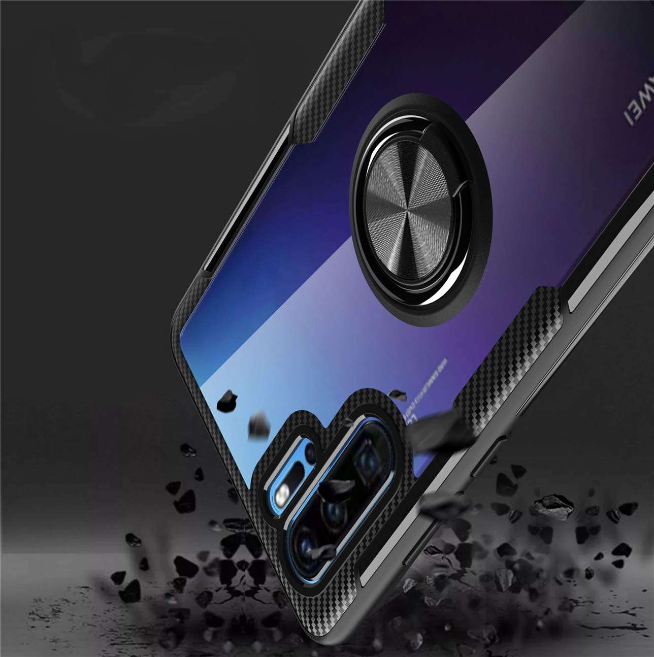 Huawei P30 Pro Transparent Case,360° Rotating Ring Kickstand Protective Case,TPU+PC Shock Absorption Double Protection Cover Compatible with [Magnetic Car Mount] for Huawei P30 Pro Case (Black/silver) 6