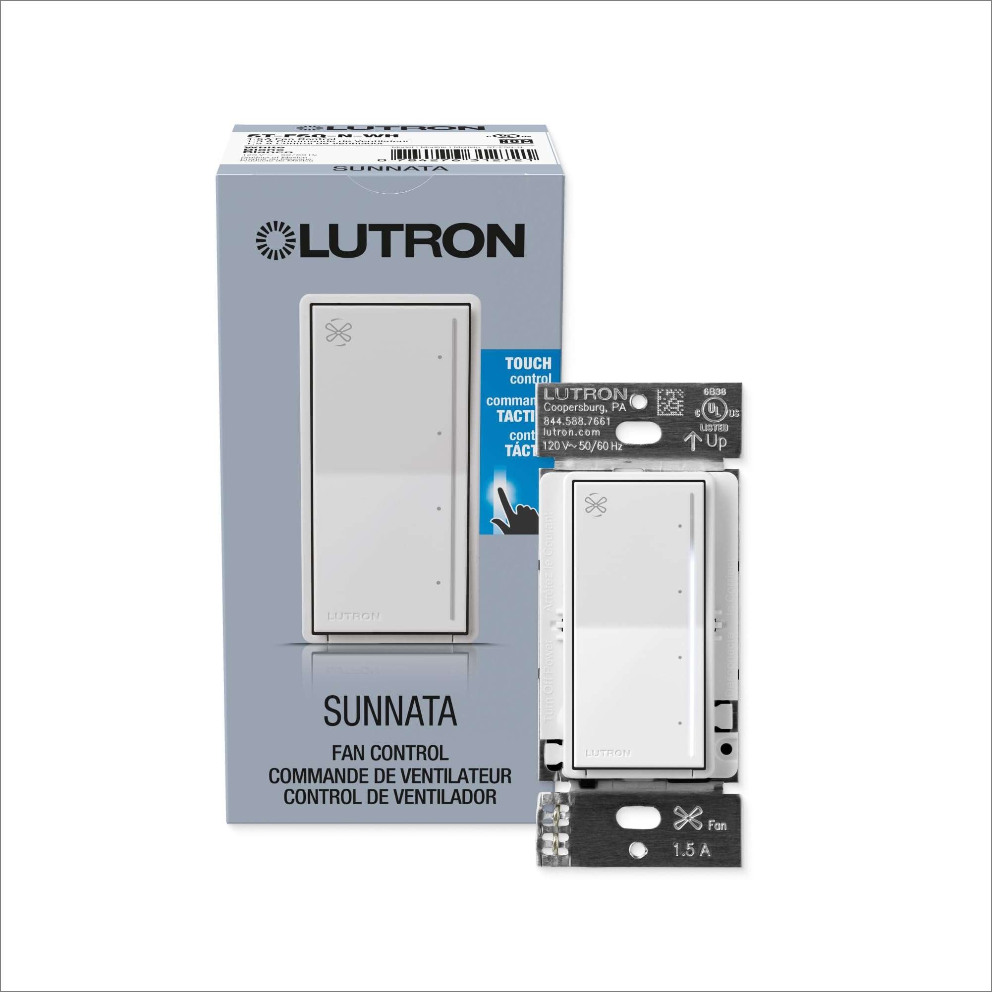Lutron Sunnata Touch Fan Control, 4-Speed, 1.5 Amp/Single-Pole, Neutral Required, ST-FSQ-N-WH, White 1
