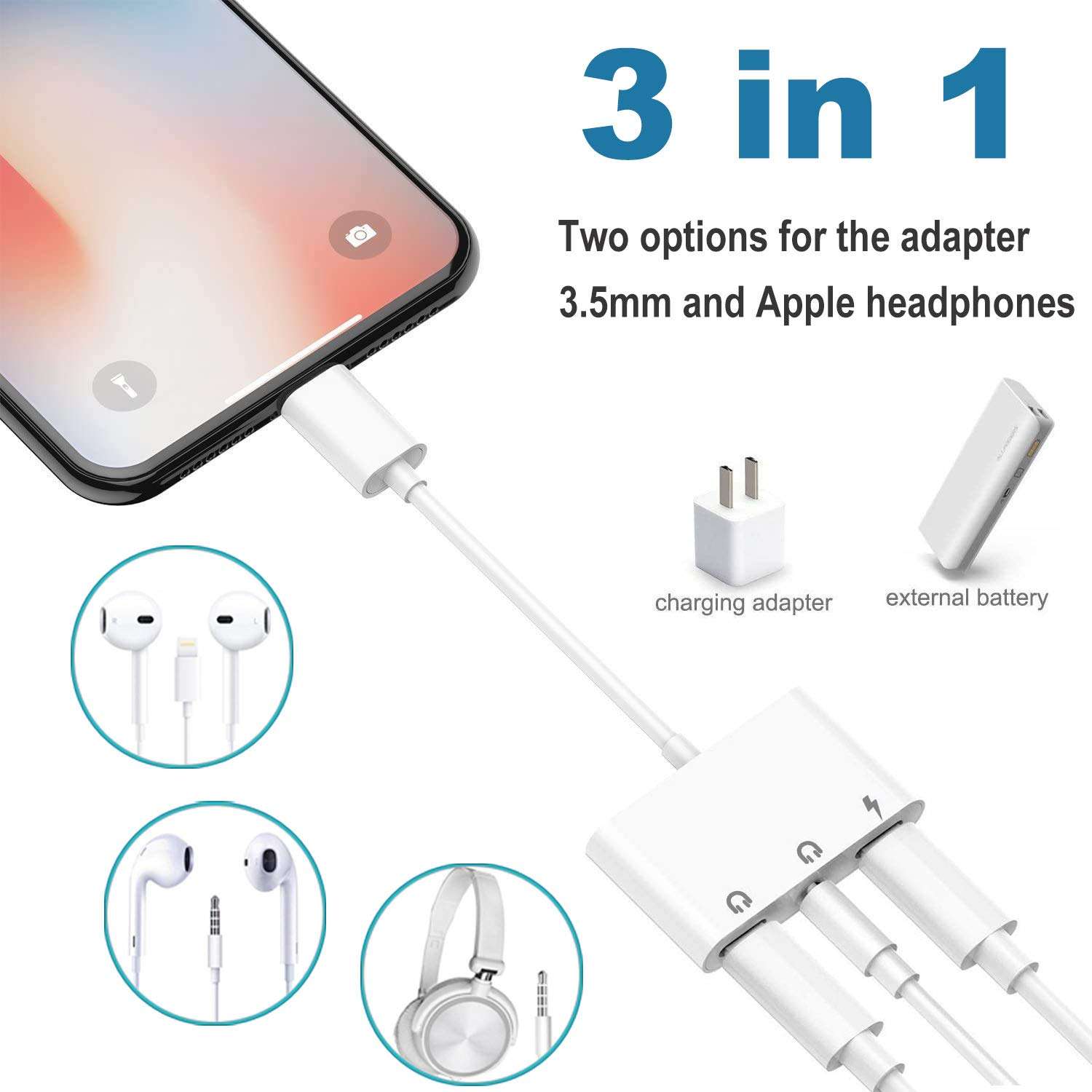 3 in 1 Lightning to 3.5mm Jack Headphone Adapter Earphone Jack Audio and Charging Adapter Headphone Splitter Compatible for iPhone 13 12 11 SE XS XR X 8 7 and iPad 2