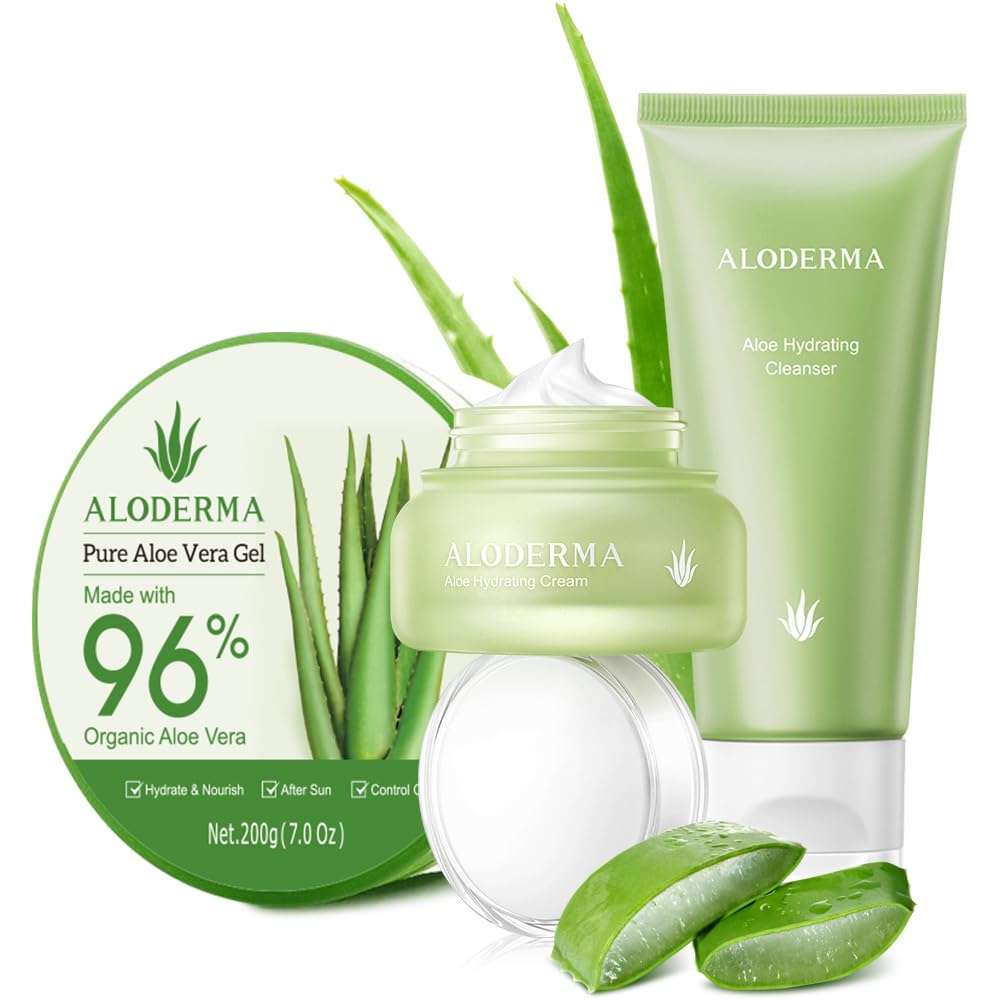 Aloderma Basic Aloe Hydrating Set - 4 Pieces - Hydrating Cleanser, Hydrating Cream, 200g Aloe Vera Gel x 2pcs 1