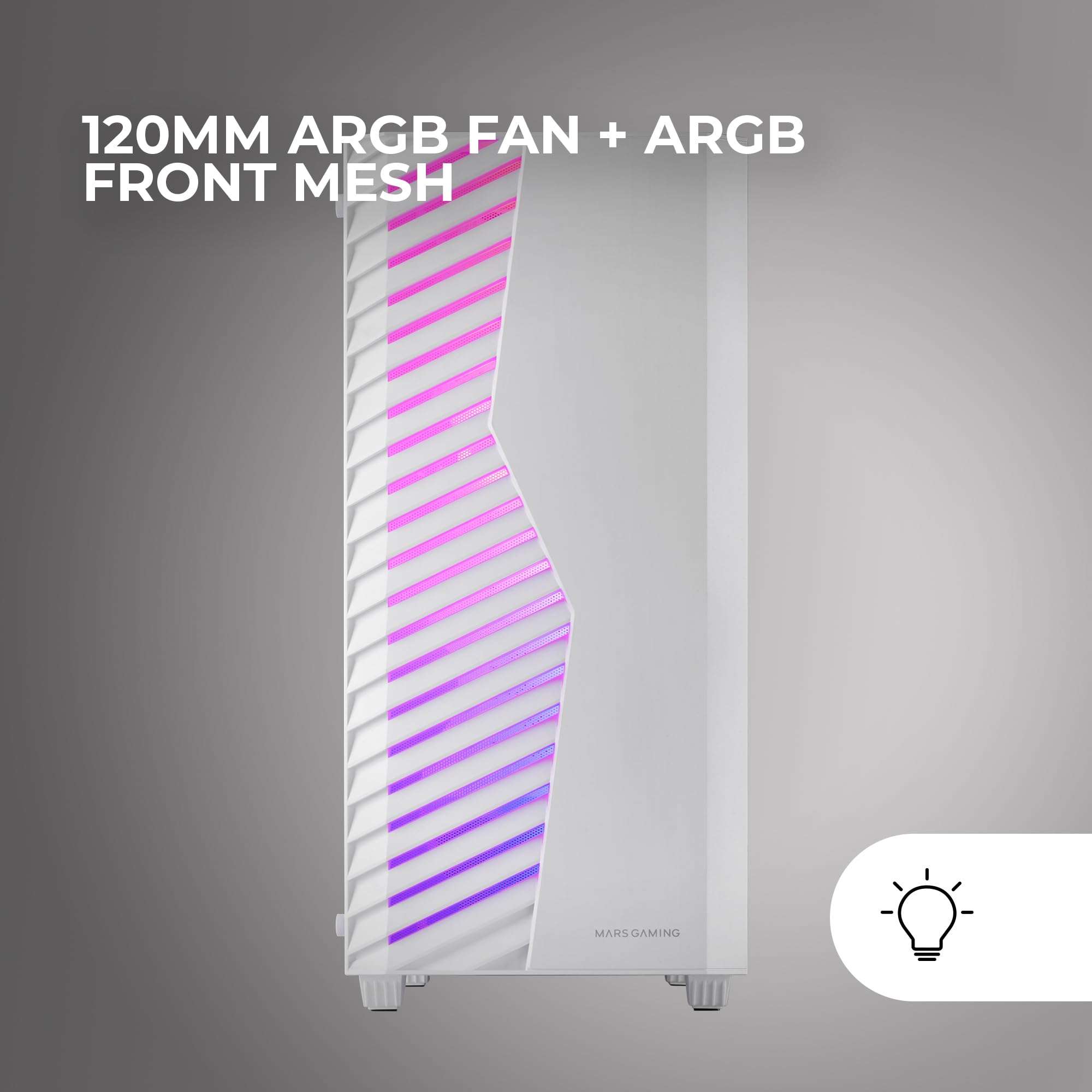 MARSGAMING MC-Volt Gaming ATX Case, 120 mm ARGB Fan, Front Grille with ARGB, Full Side Tempered Glass Side Window, Cable Management, Semi-Tower for Liquid Cooling, White 3