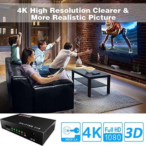 Mcscants HDMI Splitter 1 in 4 Out V1.4 Powered 1x4 Ports Box Supports 4K@30Hz Full Ultra HD 1080P 3D Compatible with PC STB Xbox PS4 Fire Stick Roku Blu-Ray Player TV HDTV (1 Input to 4 Outputs) 6