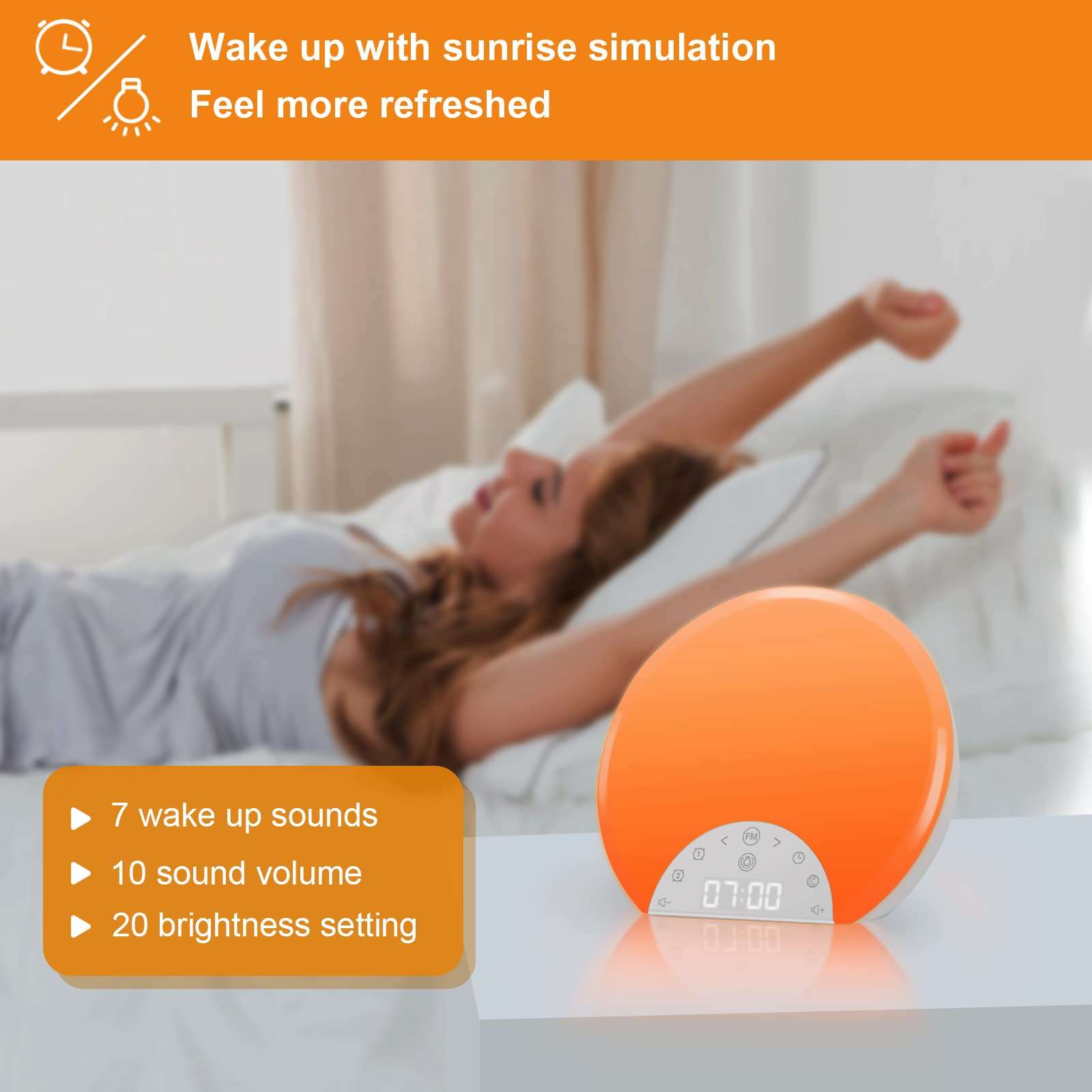 ANTDALIS Sunrise Alarm Clock Wake Up Light for Kids, Adults, Heavy Sleepers with Dual Alarms, Snooze, Sleep Aid with 7 Nature Sounds for Bedrooms with 8 Colors Night Light, FM Radio, Gift Ideas 3