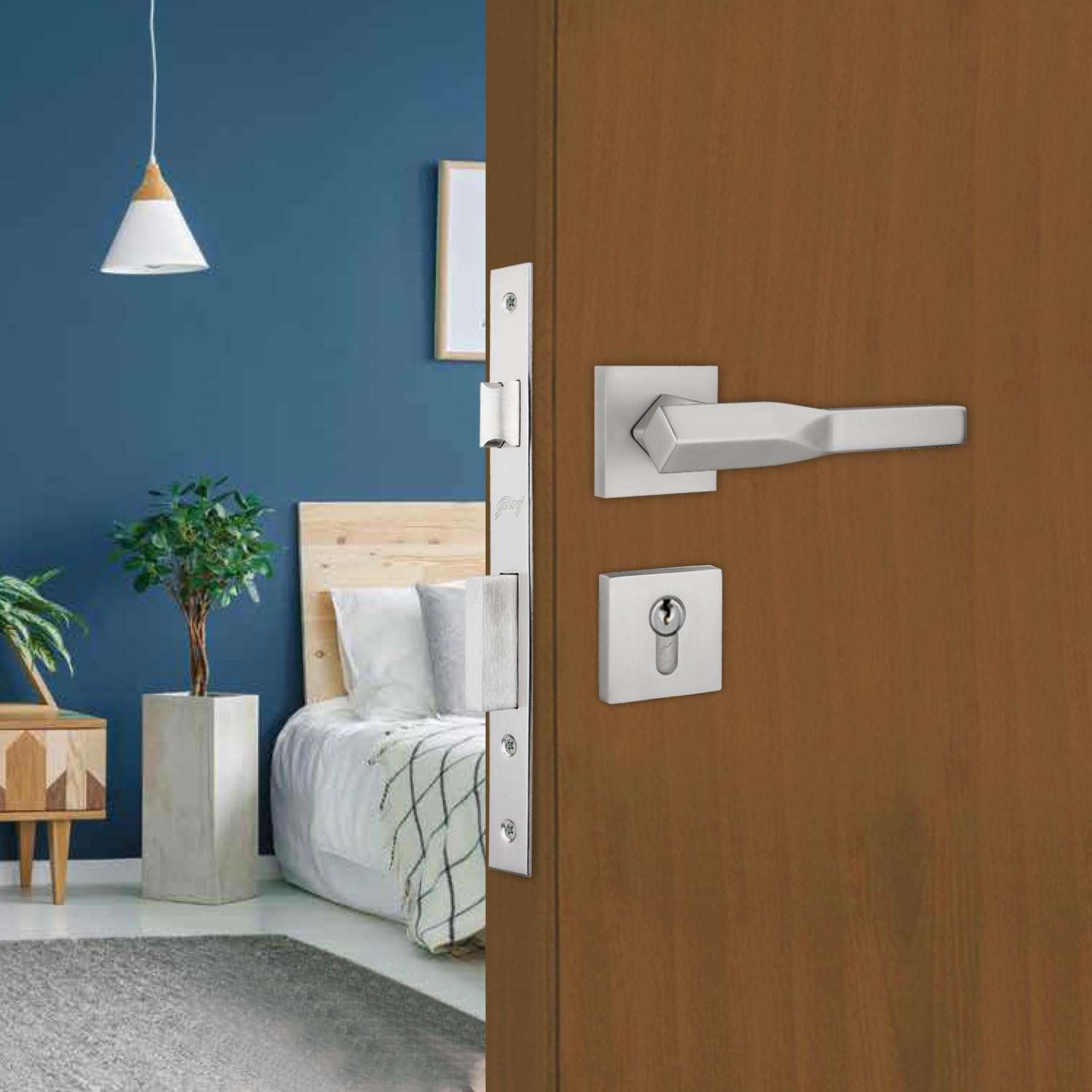 Godrej Mortise Lock|Handle Lock Set for Main & Bedroom Door|HDH 08 Rossette Home Décor Handle|Satin Steel Finish|9 Inch Lockbody|70 mm 1CK Cylinder - Knob from Inside & 3 Keys |5 Years Warranty 1