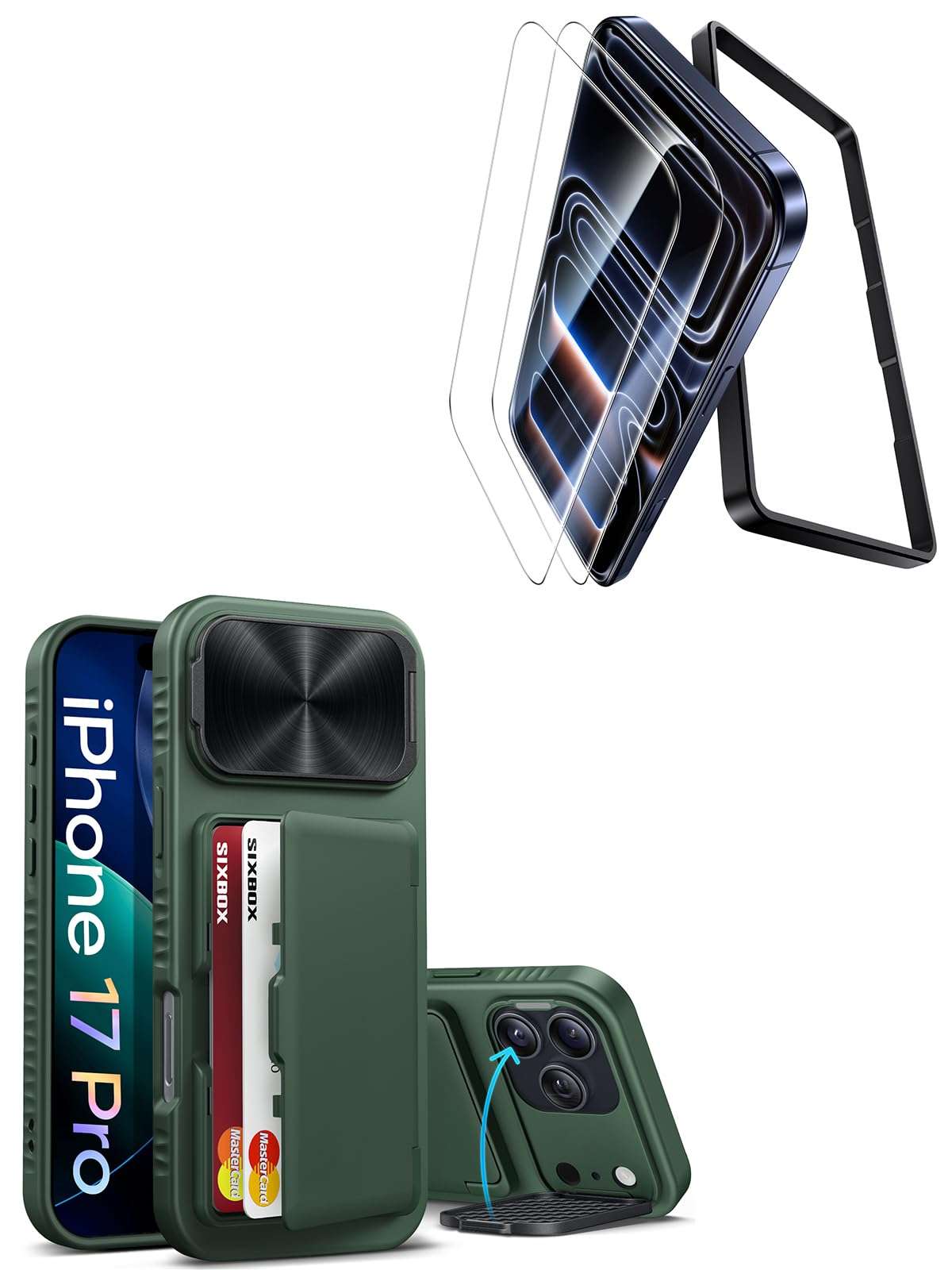 SIXBOX for iPhone 17 Pro Case Wallet with 2 Pack Screen Protector, Stand & Card Holder & Camera Cover, Rugged Military Grade Drop Protection Heavy Duty Hard Cover Case for iPhone 17 Pro 6.3", Green