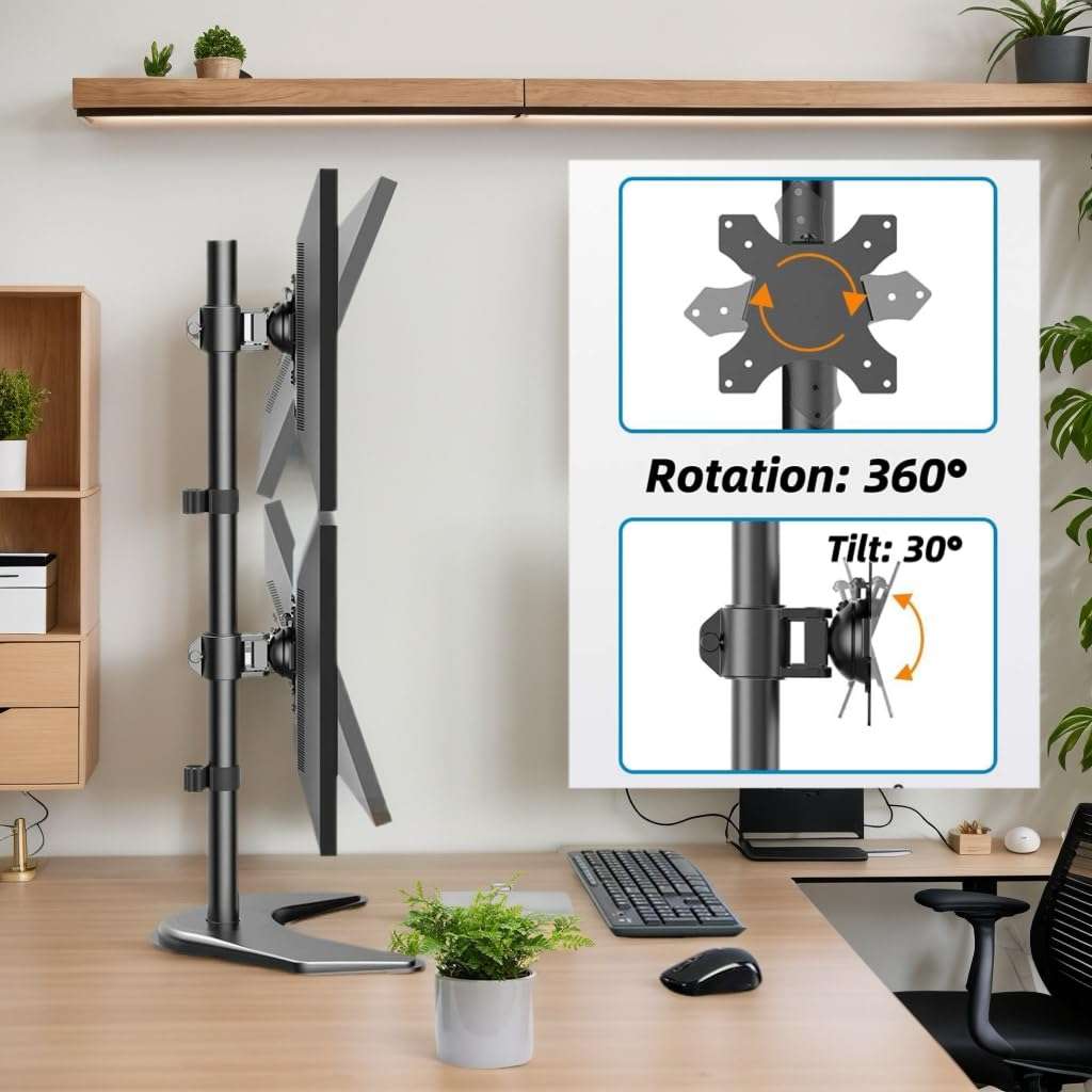 HUANUO Dual Monitor Stand,Vertical Stack Screen Free-Standing Holder LCD Desk Mount Fits Two 13 to 32 Inch Computer Monitors with C Clamp Grommet Base Stacking Displays Tilt Swivel Height Adjustable 5