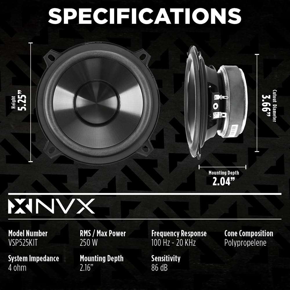 NVX VSP525KIT 750W Peak (250W RMS) 5.25" V-Series 2-Way Component Speaker System with 25mm Silk Dome Tweeters 3