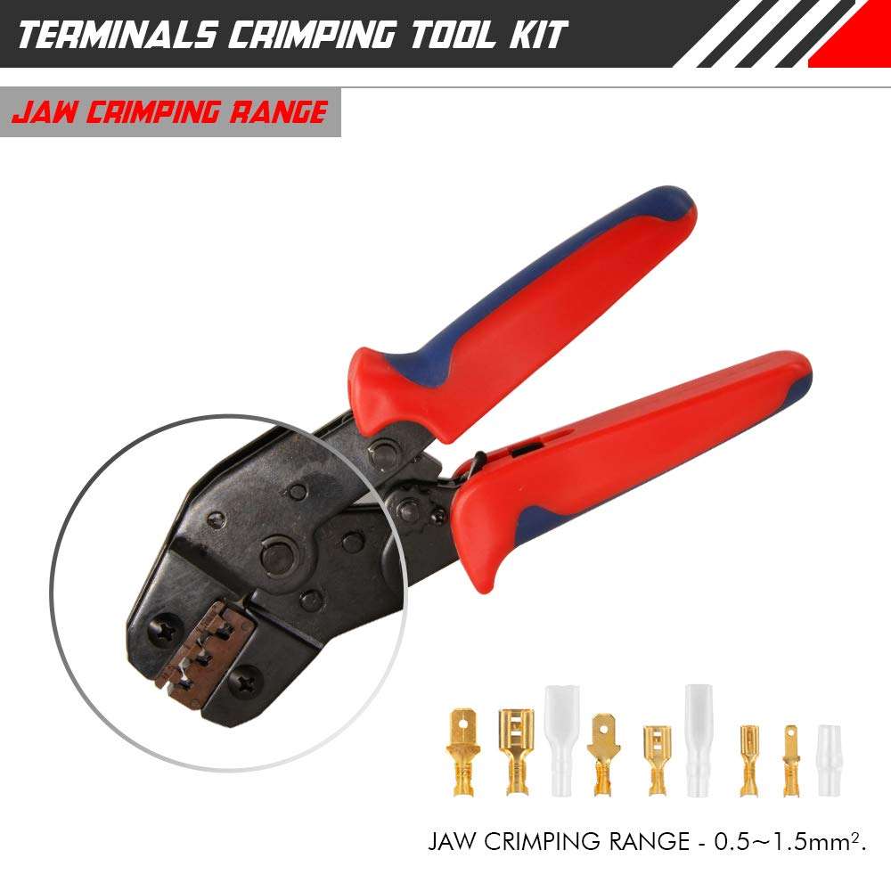 Wire Terminals Crimping Tool Kit, Self-Adjusting Automatic Ratcheting Wire Terminals Crimper Tool AWG22-16 (0.5-1.5mm²) with 300PCS Male and 300PCS Female Spade Connectors 3