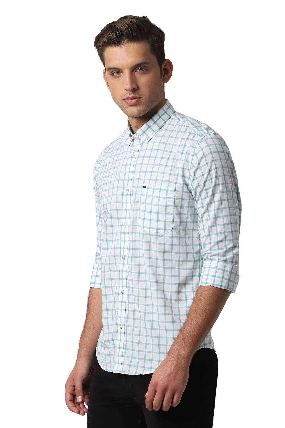 Peter England Men's Checkered Slim fit Casual Shirt (PCSFCSSPH92541_Green 39) 2