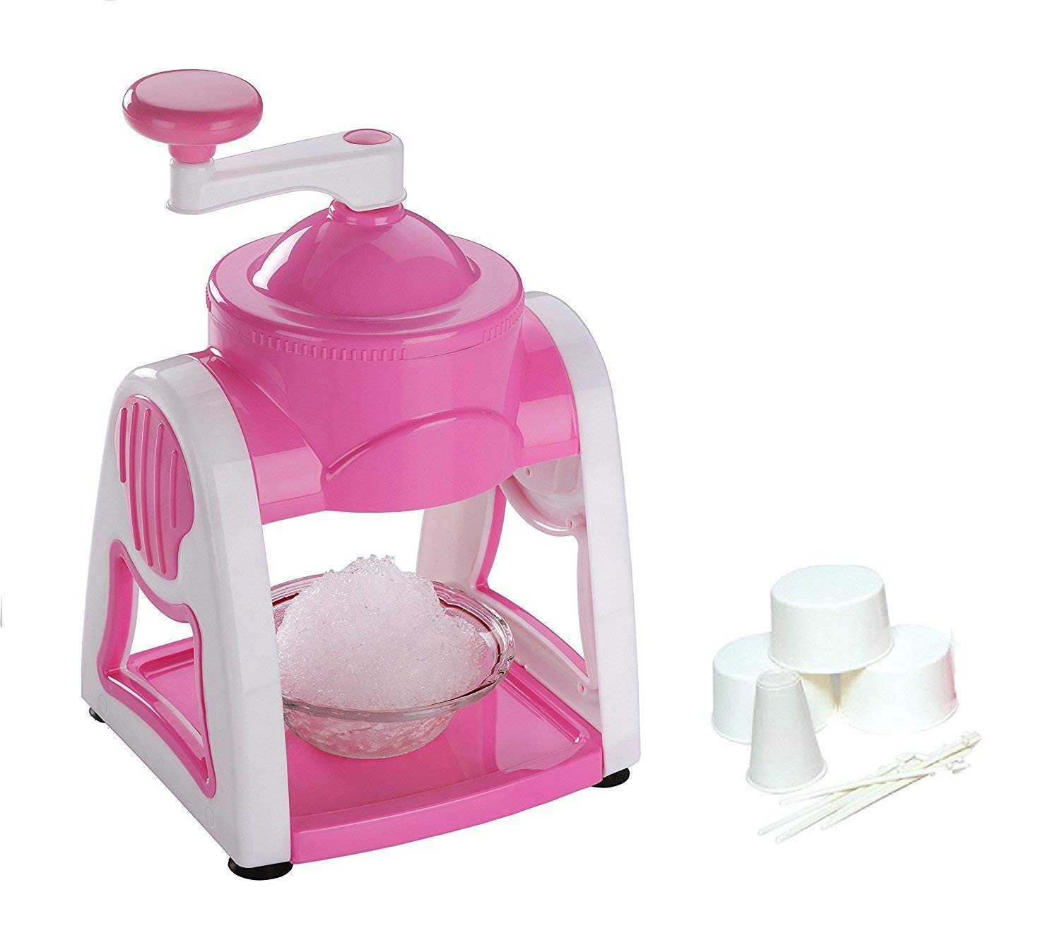 DAAS KITCHENWARE Plastic Manual Ice Gola Maker at Home |Slush Maker Machine with Steel Blade Ice Shaver and Icer with 3 Bowl, 1 Glass, 6 Sticks &1 Dish, red, Standard