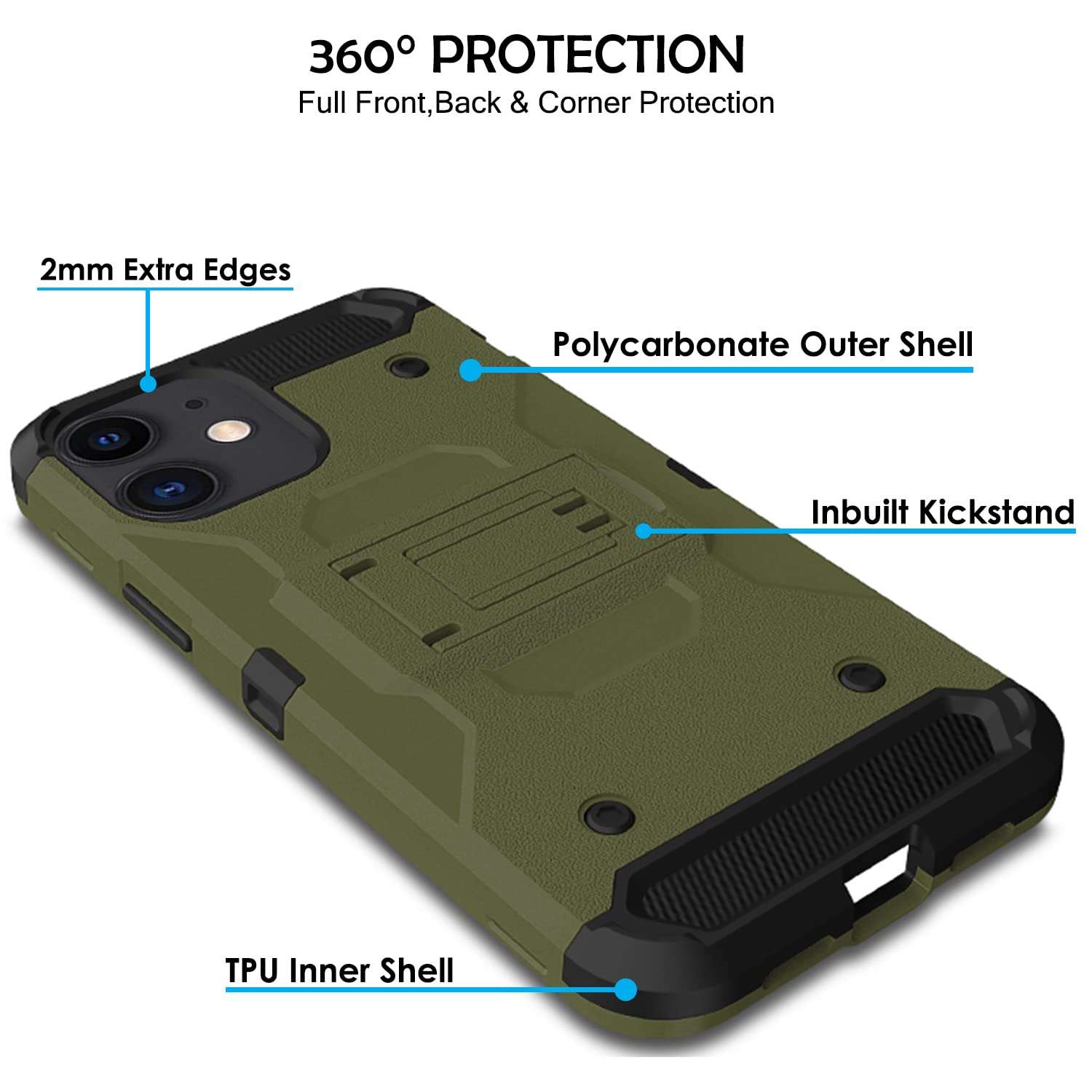 DuraSafe Cases TPU Shockproof Sturdy Printed Case with Multi Layer Protection & Kick Stand Without Holster For iPhone 12 2020 6.1 Inch A2172 A2402 A2341 A2406 A2404 A2403 A2408 A2407 - (Green) 4