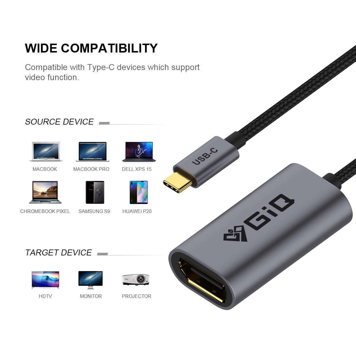 USB C to DisplayPort Adapter,GIQ USB C to DP 4K@60HZ Thunderbolt 3 to Displayport Cable Compatible with MacBook Pro 2019/2018,ipad pro 2018,Surface Book,Dell XPS,Sumsang Galaxy S10 Note 9 Dex 3