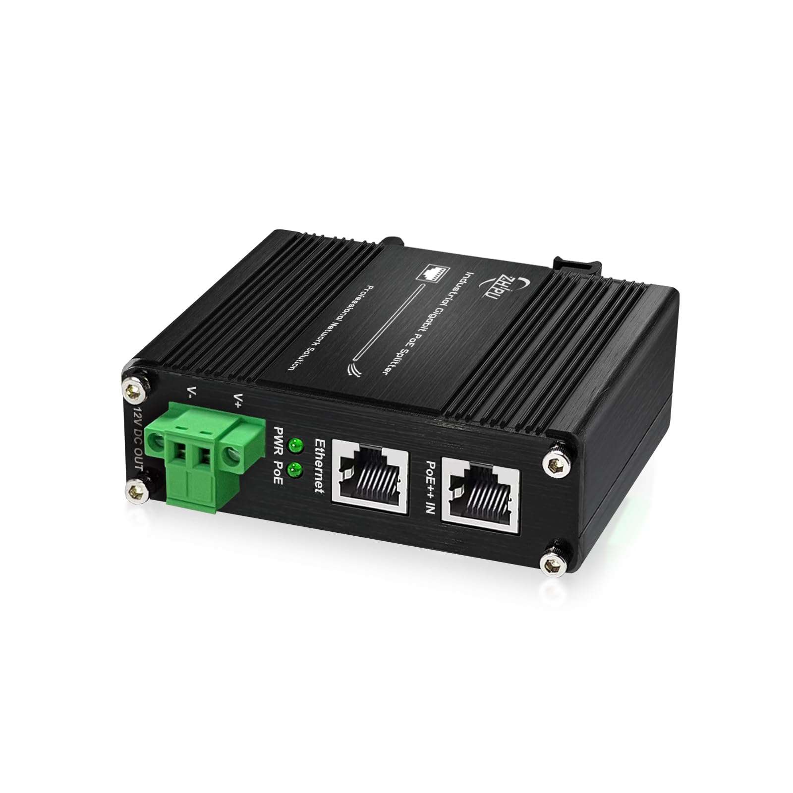 Industrial Hardened Gigabit PoE++ Splitter PoE IEEE802.3 at 95W Input 12V DC Output DIN- Rail Wall Mount -40°C to 80°C IP40 1