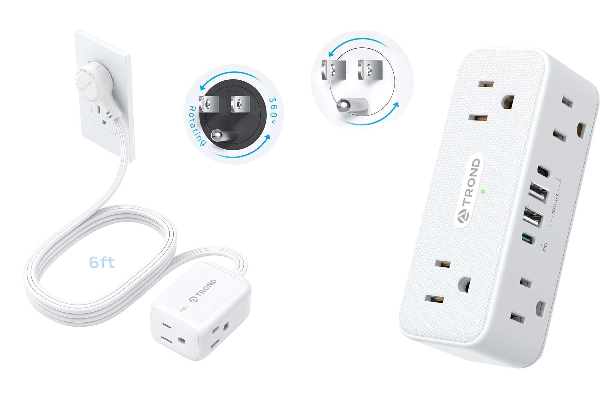 Bundle - 2 Items: 360° Rotating Flat Plug Extension Cord Surge Protector 6ft & 6 Outlet Extender Surge Protector with Rotating Plug