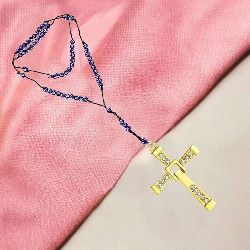 M Men Style Religious Lord Jesus Christ Crystal Cross Gold and Blue Catholic Rosary Beads Car Rearview Mirror Charm Car Dangler Ornament, Accessories, Gift SCrMa2024314 6