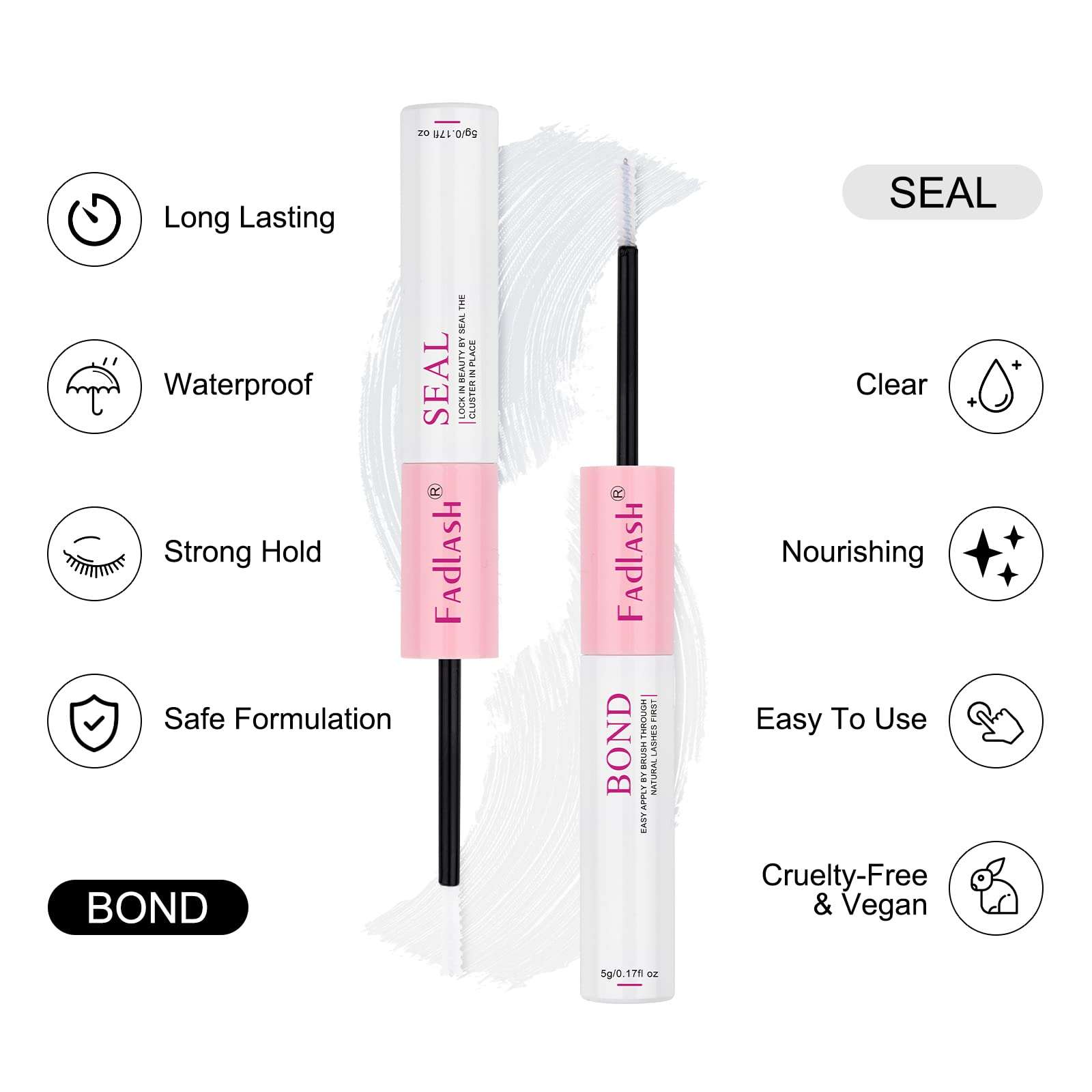 FADLASH Lash Bond and Seal Kit 2 Pcs Bond and Seal Lash Glue for Eyelash Clusters Waterproof Lash Clusters Glue Stong Hold Clear Long Lasting (10ml) 5