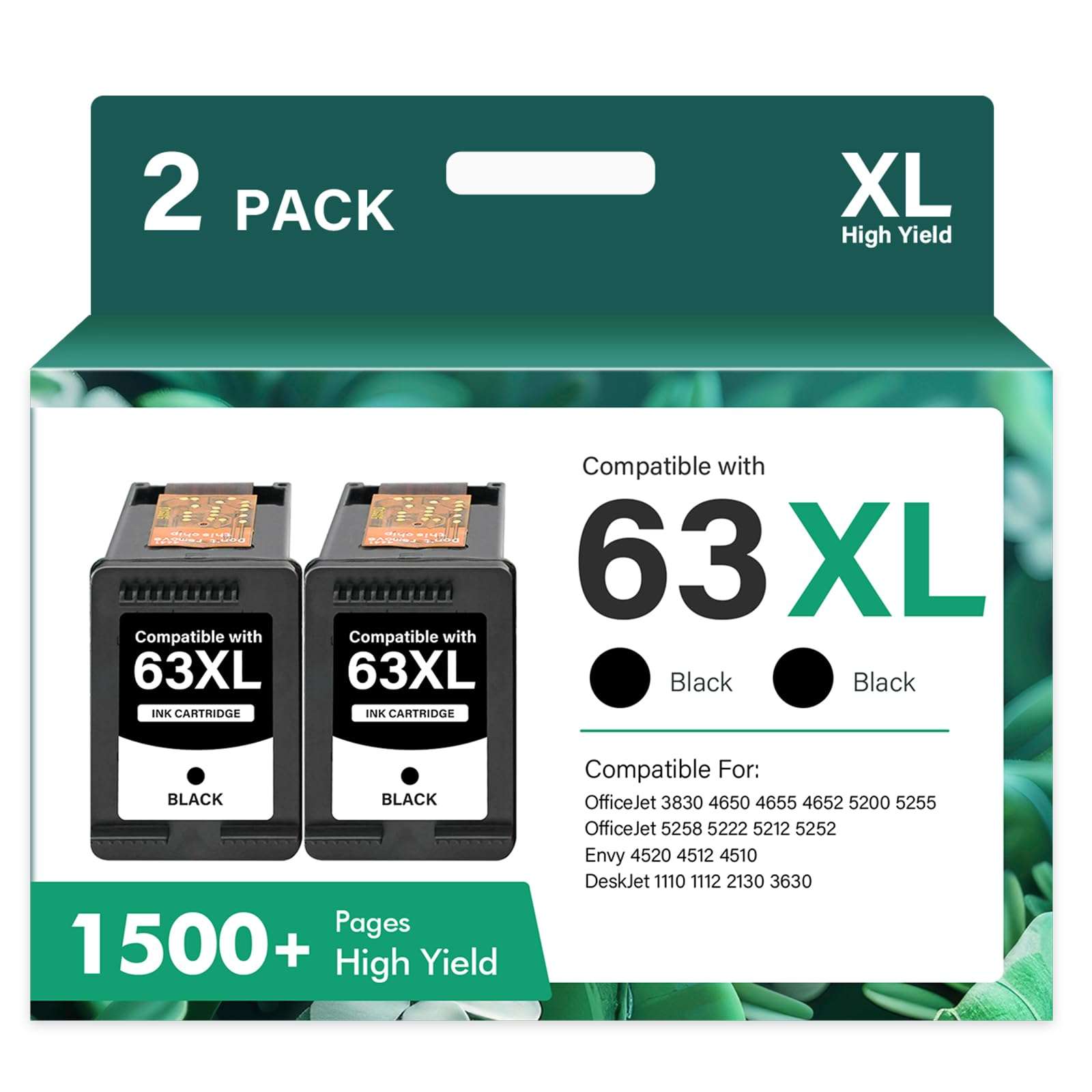 63 63XL Black Ink Cartridge Replacement for HP63XL Ink 63 XL for HP Envy 4520 OfficeJet 3830 4650 5255 5258 5200 4655 4512 DeskJet 1112 3630 2130 2132 3632 Printer 2-Pack 1