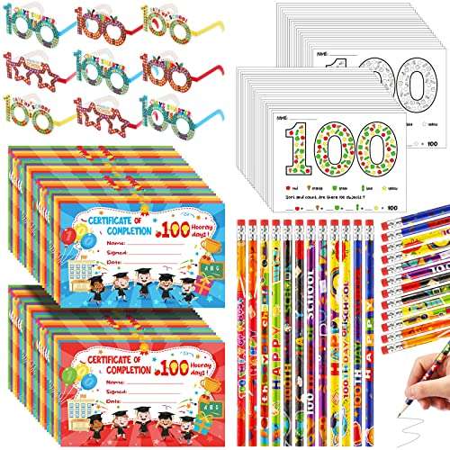 100th Day of School Kit Teacher Favor Kit Include Pencils, Color Pages, Certificates, Certificate of Merit and Glasses for Kids 100 Days School Celebration Party Favors Supplies(120 Pcs) 1