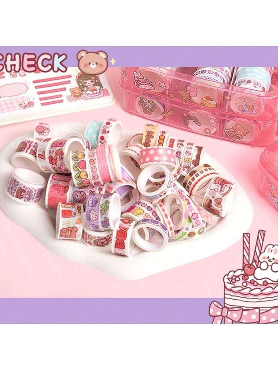 Washi Tape Set (100 Pcs) with 20 Kawaii Stickers, Tweezers, Pen & Spatula | Decorative Masking Tapes in 3-Layer Storage Box for DIY Crafts, Journaling, Scrapbooking & Bullet Planner (purple) 5