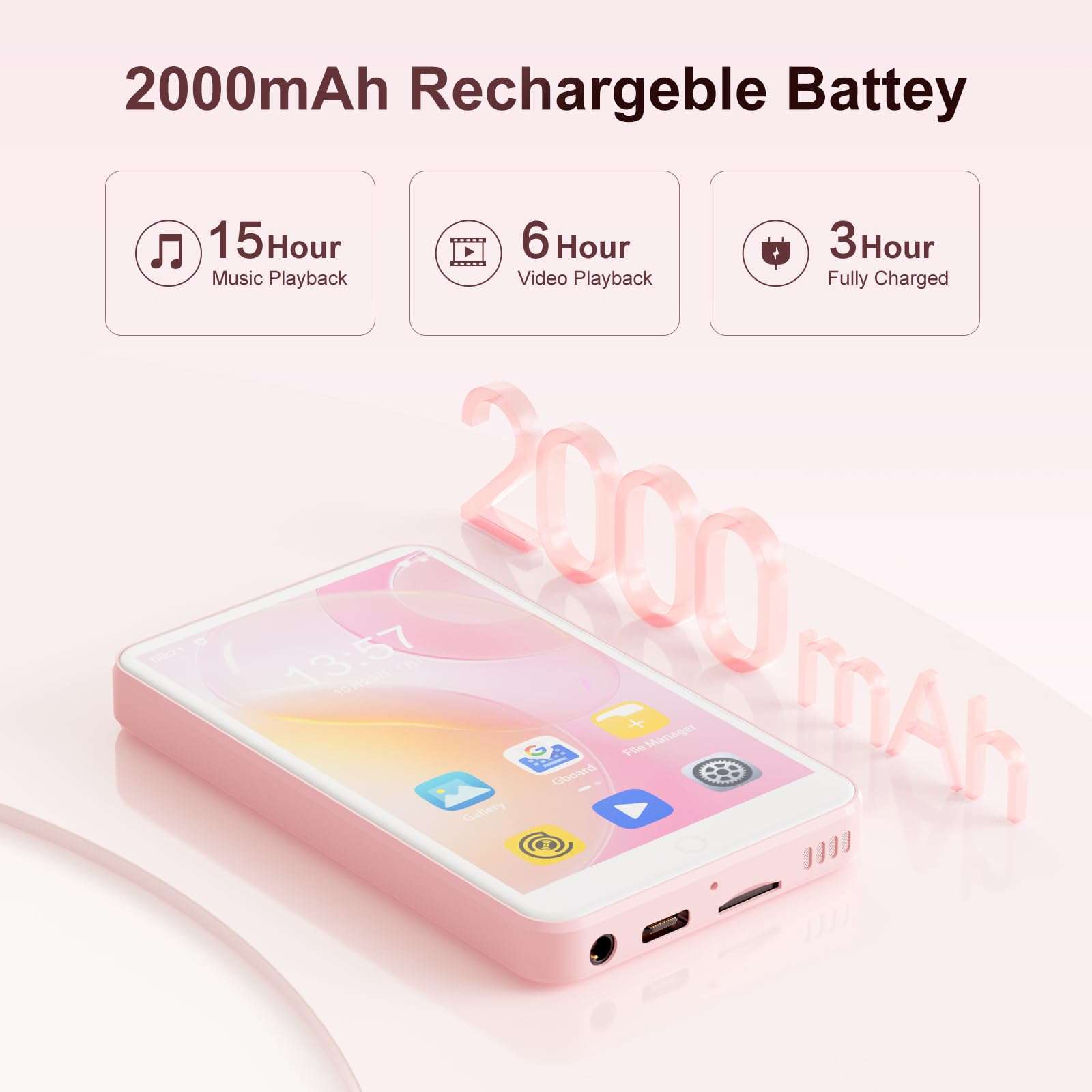 80GB MP3 Player with Bluetooth and WiFi, Android Player with Speaker Mp3 & Mp4 Music Player with Spotify, Amazon Music, Browser, Deezer, 4.0" Touch Screen, Download Music,Up to 512GB (Pink) 6