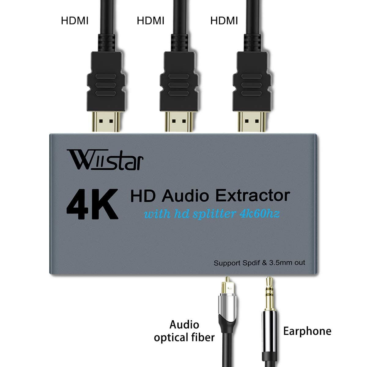 Wiistar 4K HDMI Audio Extractor with 4K60hz HDMI Splitter 1 in 2 Out Spdif/Toslink/Optical 3.5mm Jack Audio Out Signal Distributor Converter for PS4 Xbox One DVD Blu-ray Player HD TV Projector 2