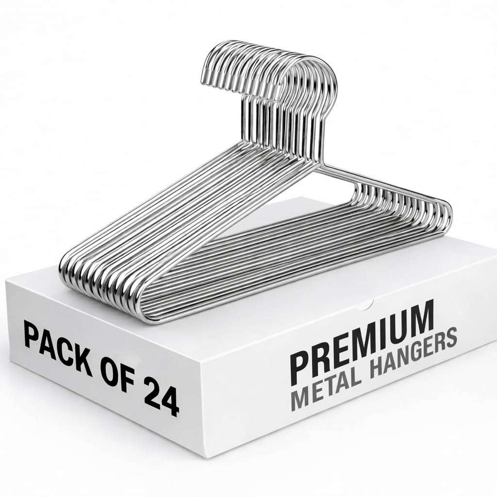 PulGos Pack of 24 Metal Clothes Hanger–Rust Free & Heavy Duty |Non-Slip Ultra-Thin Hangers for Wardrobe |Lightweight & Durable Design| Space-Saving Closet Organizer with Smooth Finish for All Garments 1