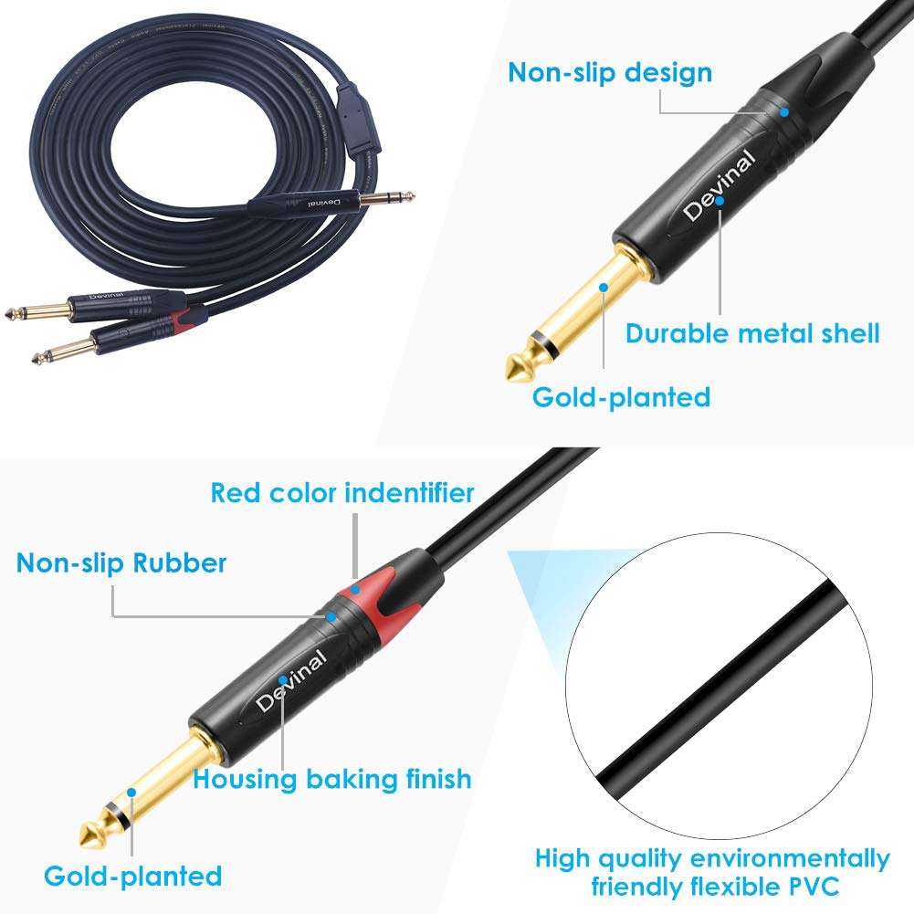Devinal 1/4 to Dual 1/4 Y-Splitter Cable, 6.35mm TRS to Dual 6.35mm TS Insert Cable Cord, Quarter inch Stereo to 2 Quarter inch Mono Send and Return Patch Cord 10 Feet 4