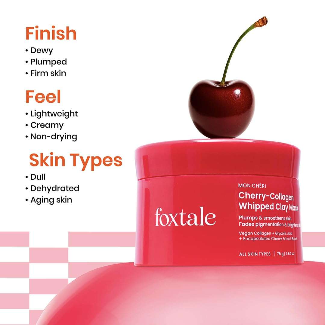 Foxtale Cherry-Collagen Whipped Clay Mask | Vegan Collagen + Glycolic Acid + PHA + Cherry Beads | Hydrates, Plumps & Firms Skin | Detoxifies Pores, Brightens & Smooths Dull, Uneven Skin | 75g 6