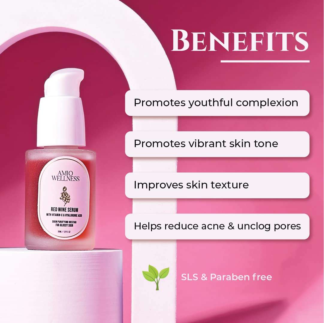 Amio Wellness Red Wine Serum For Face With Vitamin C and Hyaluronic Acid | Vitamin C Face Serum for Men and Women | Paraben & SLS free | Glowing skin & Reducing Blemishes, excess oil and Acne | Pack of 30ml 5