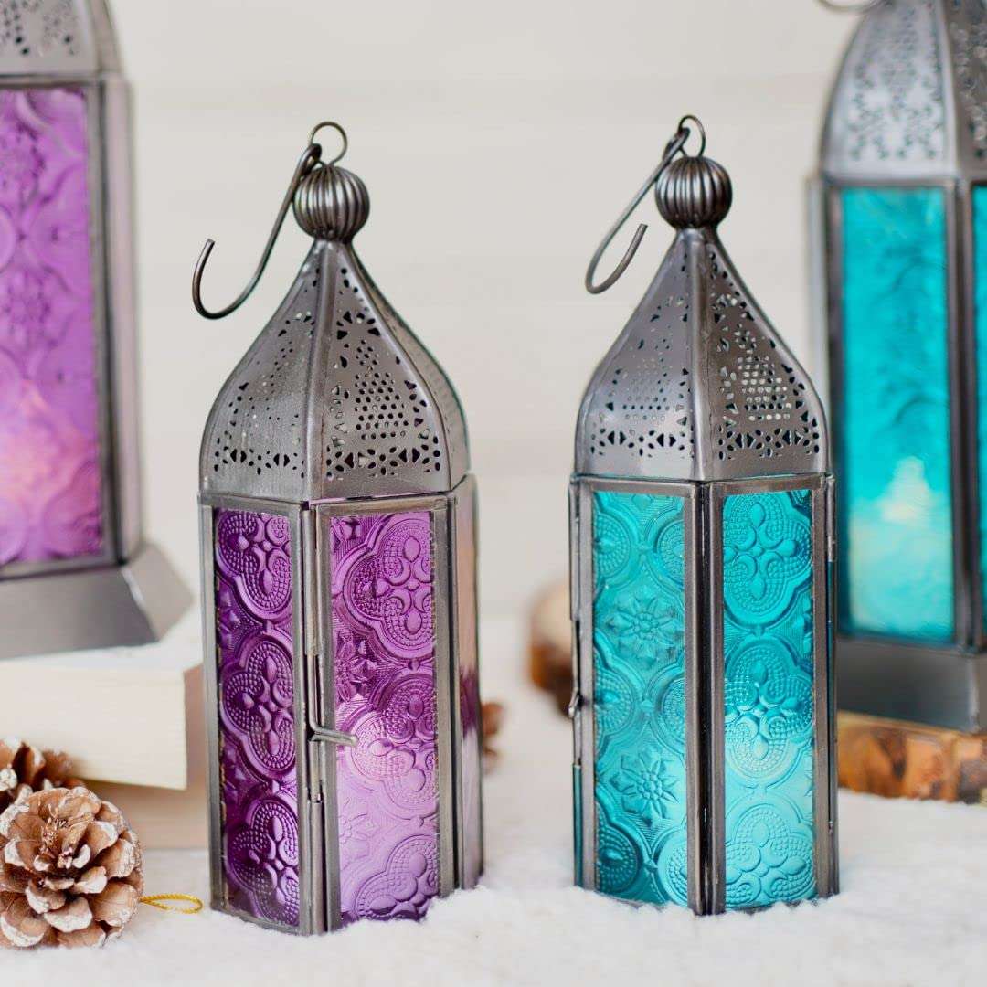 Behoma Moroccan Lanterns for Home Decoration Purple and Blue Textured Glass | Showpiece for Home Decor Living Room Study Room Table Hanging Lantern Lamp | Set of 2 Nickle Black Small 1