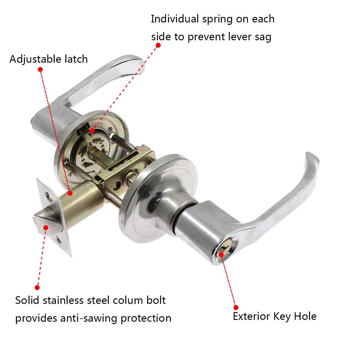 BTMB Keyed Entry Door Lever Handle Lock Exterior Interior Door Levers Stainless Steel with 3 Keys(For doors thicknes: 2-3/4 inch to 3-35/64 inch/70mm to 90mm)-1pc 4