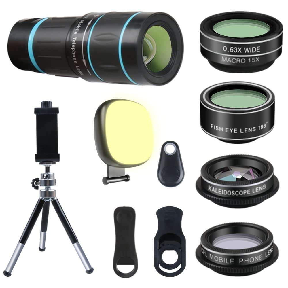 Phone Camera Lens, 6 lenses+ LED Light+ Remote Shutter+ Tripod, 18X Telephoto Zoom/Wide angle/Macro/Fisheye/CPL/Kaleidoscope camera lens kit for iPhone Xs X XR 8 7 6 Plus Samsung and Android 1