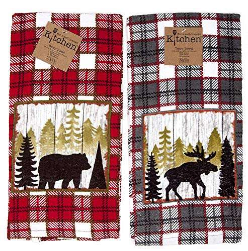 Kay Dee Kitchen Terry Towels 2pc Set Cabin Moose Bear Mountain Life Value Set 1