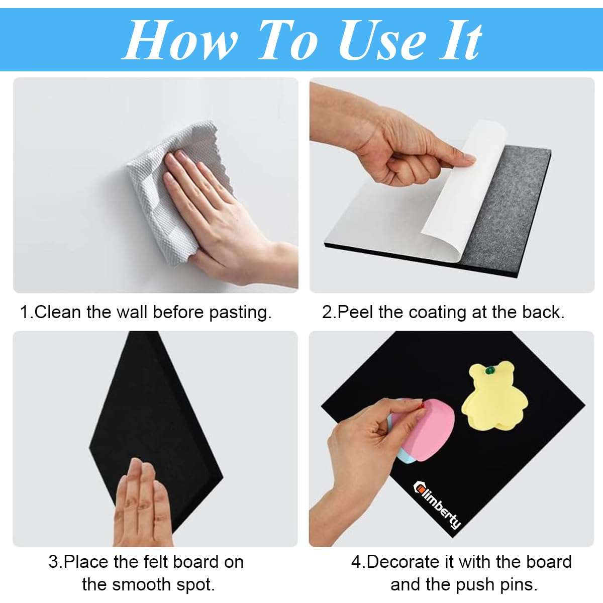 Climberty® 6Pcs Black Felt Bulletin Board, 30x30cm Self-Adhesive Wall Boards with 50pcs Drawing Pins, Felt Message Board for Paste Notes, Photos, Schedules (Black) 4